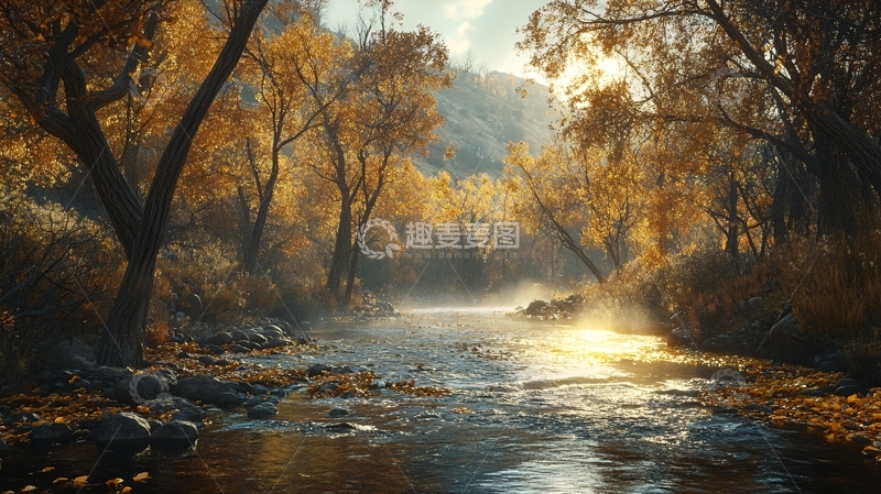 高清大图下载【趣麦麦图】金色森林河流河水