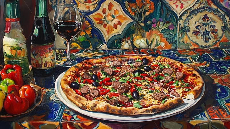 高清大图下载【趣麦麦图】红酒披萨牛排1