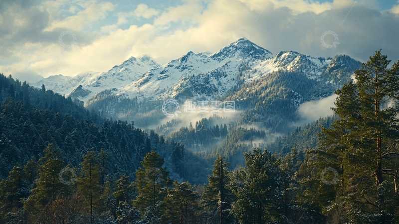 高清大图下载【趣麦麦图】金秋雪山松林晨雾1