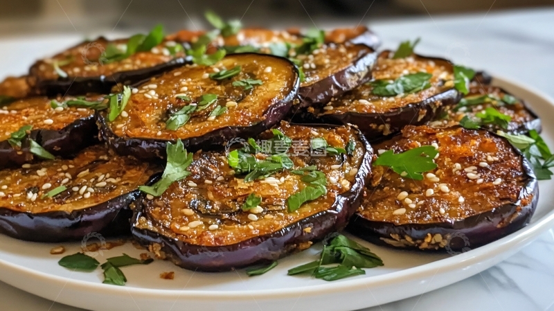 高清大图下载【趣麦麦图】香煎茄子配葱香料