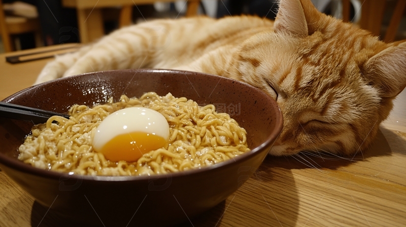 高清大图下载【趣麦麦图】吃牛肉面的猫