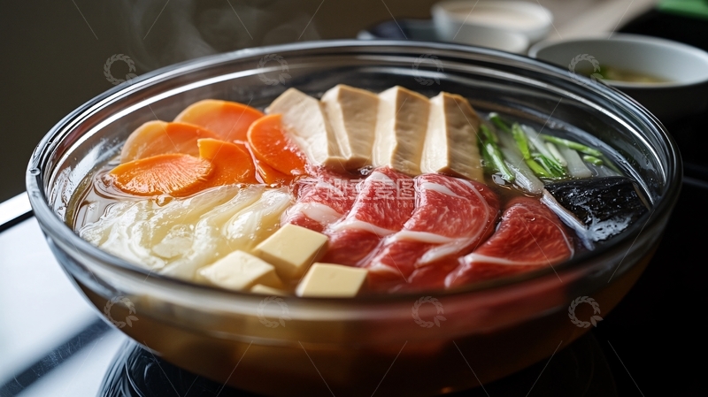 高清大图下载【趣麦麦图】肉片豆腐蔬菜清汤锅