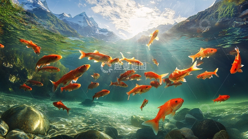 高清大图下载【趣麦麦图】鲤鱼溪流背景1