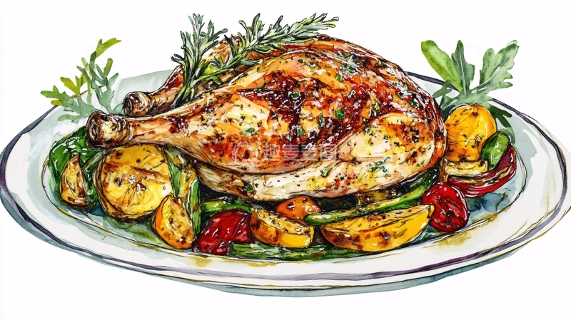 高清大图下载【趣麦麦图】手绘烤鸡插画