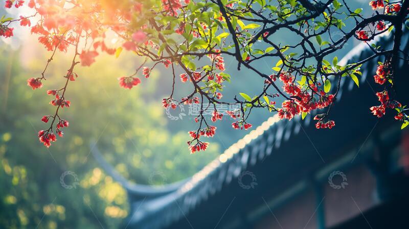 高清大图下载【趣麦麦图】紫叶李与古建筑