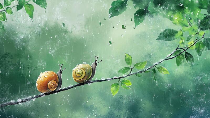 高清大图下载【趣麦麦图】雨天的蜗牛蜗牛场景花卉