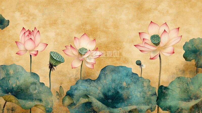 高清大图下载【趣麦麦图】新中式荷花壁画1