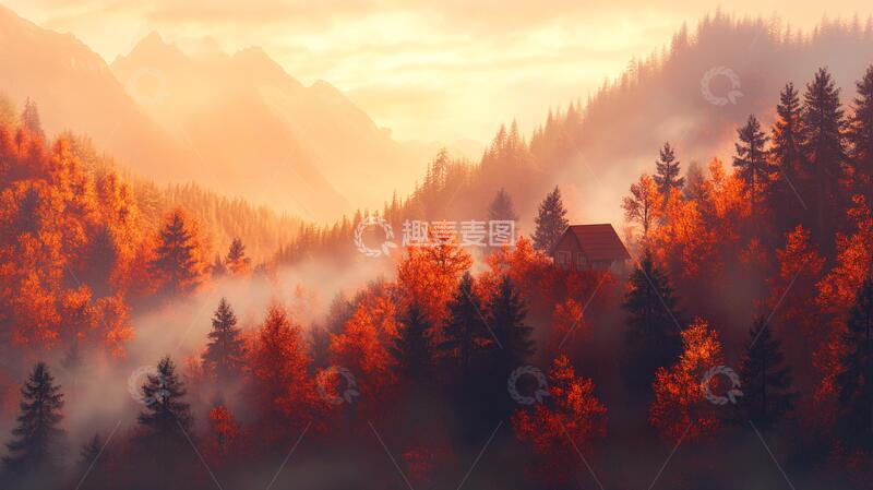 高清大图下载【趣麦麦图】山林枫叶雾气