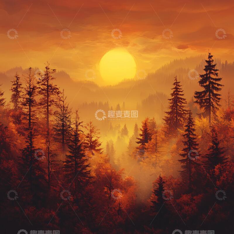 高清大图下载【趣麦麦图】风景厚涂插画森林落日
