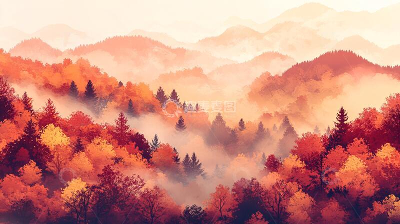 高清大图下载【趣麦麦图】森林云雾深山秋色1