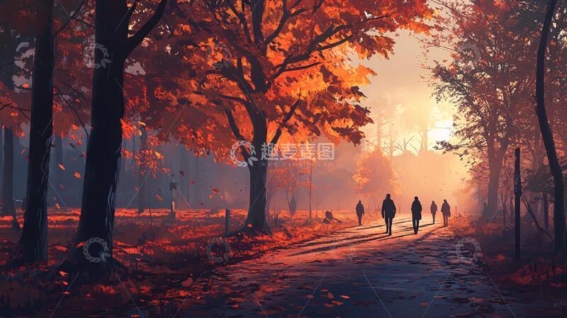 高清大图下载【趣麦麦图】金色树叶小路落叶行人8