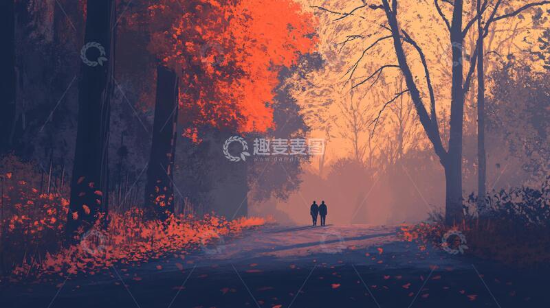 高清大图下载【趣麦麦图】深秋插画插画秋色小道