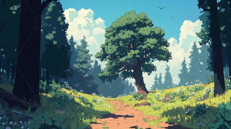 高清大图下载【趣麦麦图】深林大场景场景插画风景