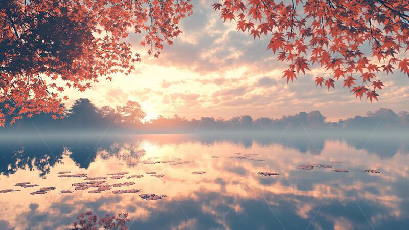 高清大图下载【趣麦麦图】红枫早晨风光