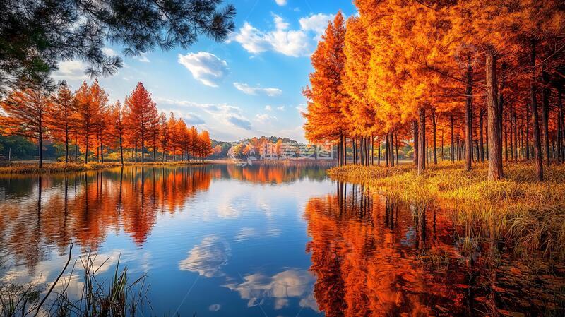 高清大图下载【趣麦麦图】湖畔水杉树秋色