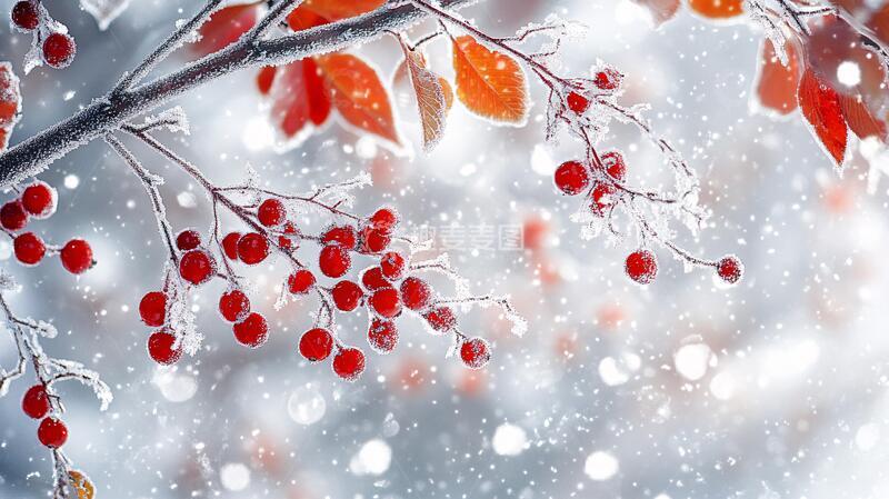 高清大图下载【趣麦麦图】落雪的红果红果雪景落雪