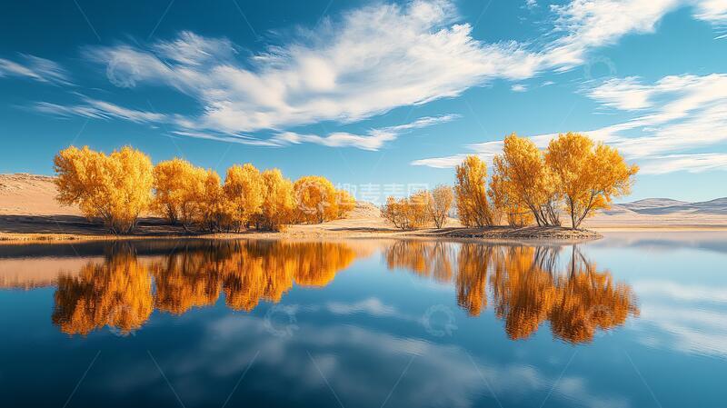 高清大图下载【趣麦麦图】镜面胡杨倒影金秋胡杨