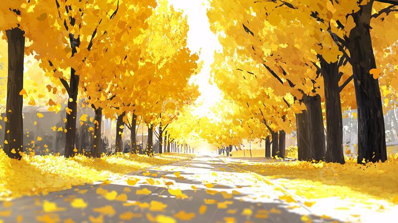 高清大图下载【趣麦麦图】金色树叶铺满道路