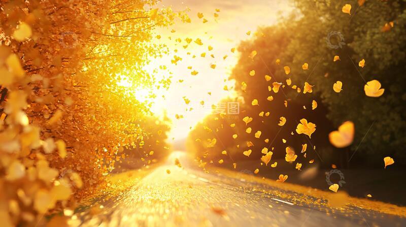高清大图下载【趣麦麦图】金色树叶铺满道路1