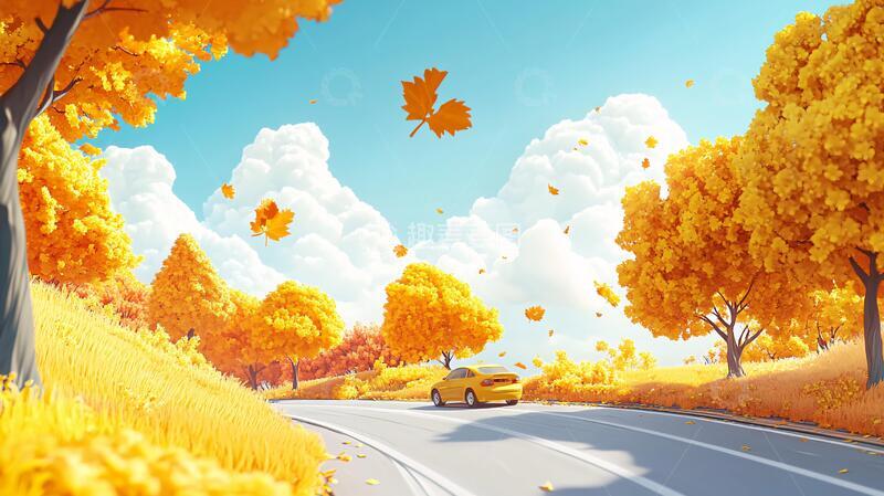 高清大图下载【趣麦麦图】秋叶公路风景图