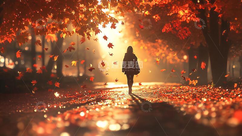 高清大图下载【趣麦麦图】金色树叶小路落叶行人6