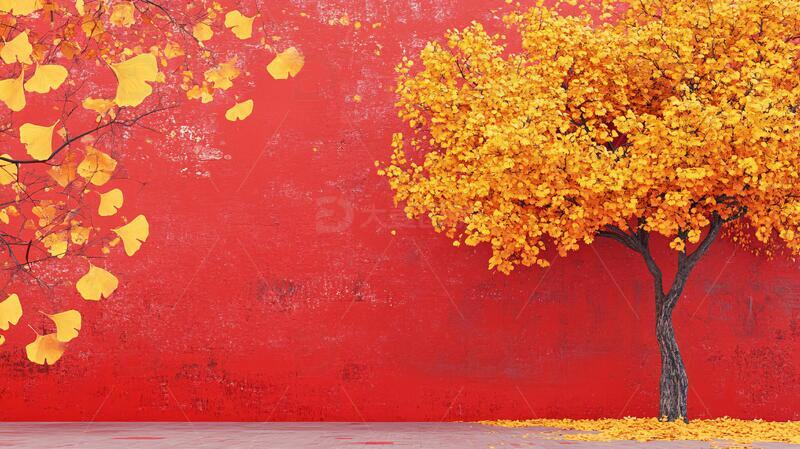 高清大图下载【趣麦麦图】红墙配黄叶红墙宫墙背景