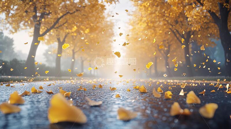 高清大图下载【趣麦麦图】秋雨街道落叶