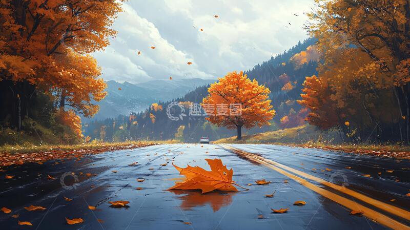 高清大图下载【趣麦麦图】秋雨街道落叶1