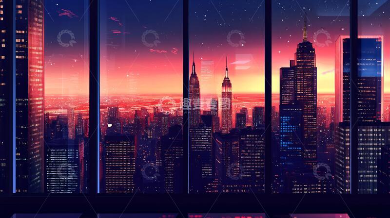 高清大图下载【趣麦麦图】日落城市插画18