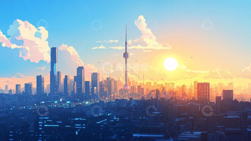 高清大图下载【趣麦麦图】天府日出斜阳插画美景