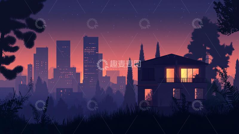 高清大图下载【趣麦麦图】黄昏场景插画