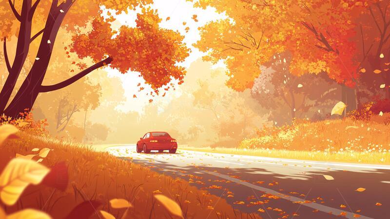 秋天自驾游插画秋天风景