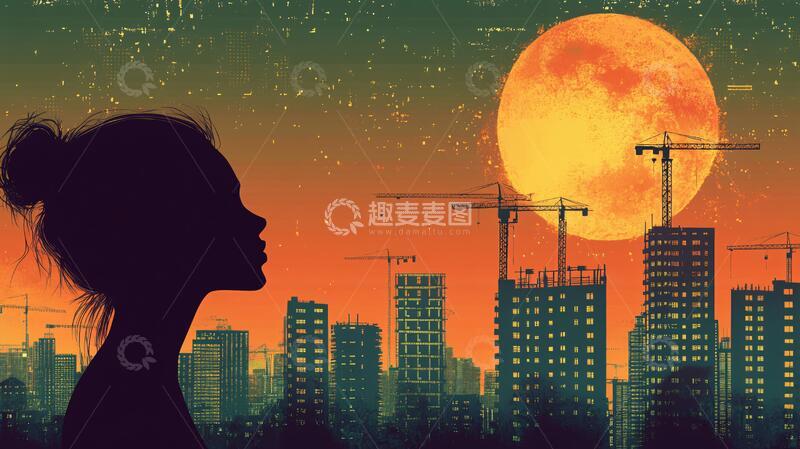 高清大图下载【趣麦麦图】屋顶赏月月光赏月女孩