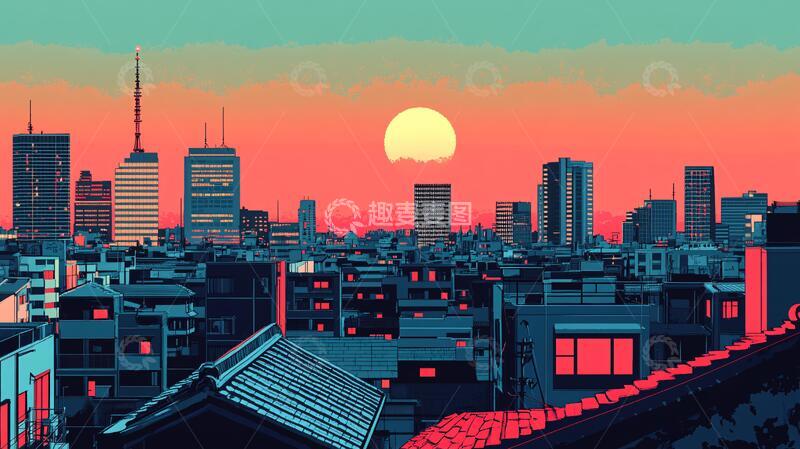 高清大图下载【趣麦麦图】日落城市插画16