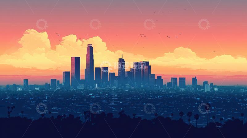 高清大图下载【趣麦麦图】洛杉矶插画插画印象手绘