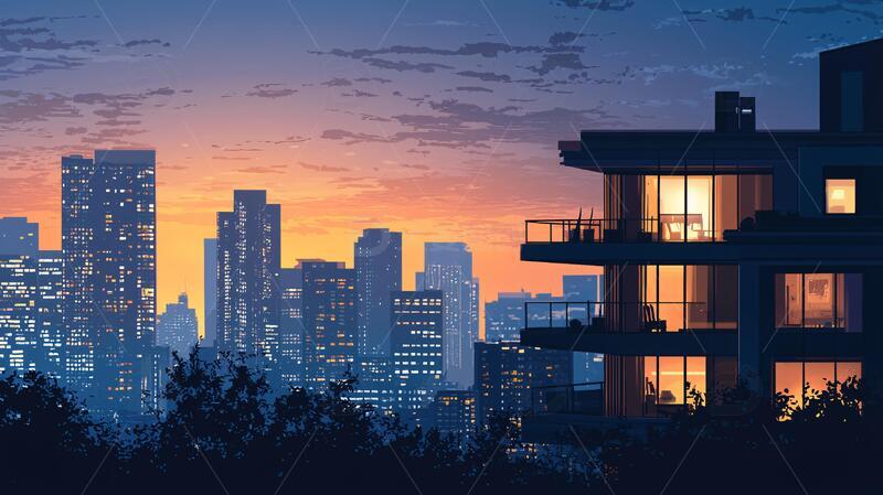 高清大图下载【趣麦麦图】日落建筑插画4