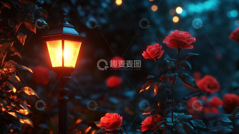 高清大图下载【趣麦麦图】唯美路灯路灯夜色花下