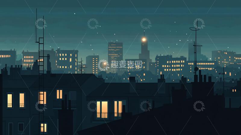 高清大图下载【趣麦麦图】城市夜晚风景插画
