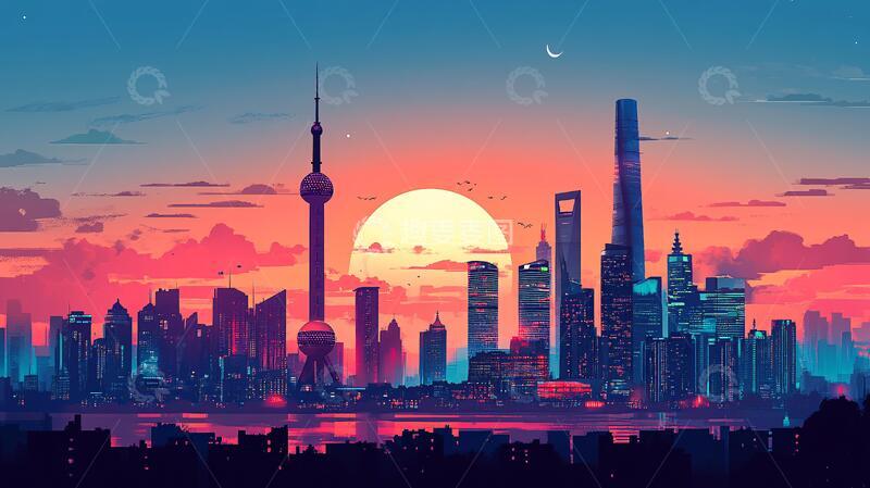 高清大图下载【趣麦麦图】北上广深天际线插画3