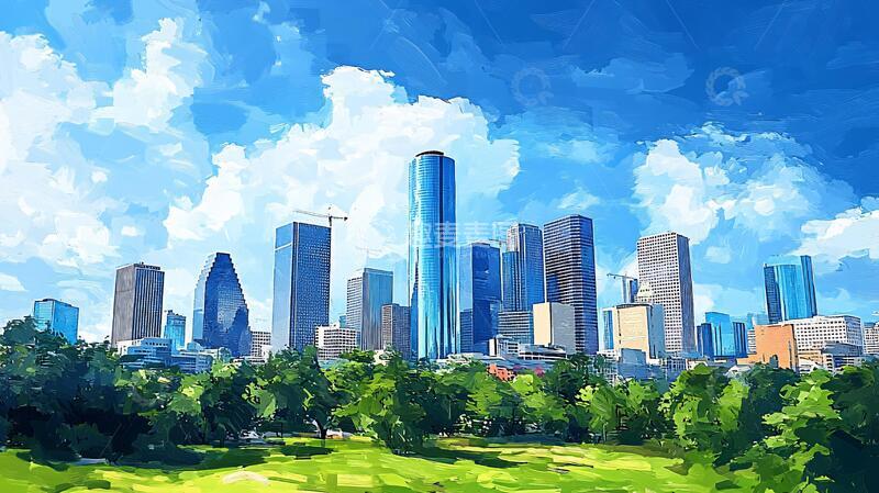 高清大图下载【趣麦麦图】休斯顿城市插画素材1