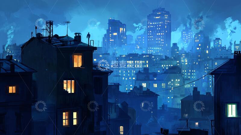 高清大图下载【趣麦麦图】插画市景插画风景夜景