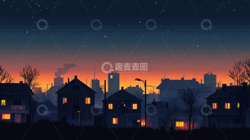 高清大图下载【趣麦麦图】城市夜晚风景插画1