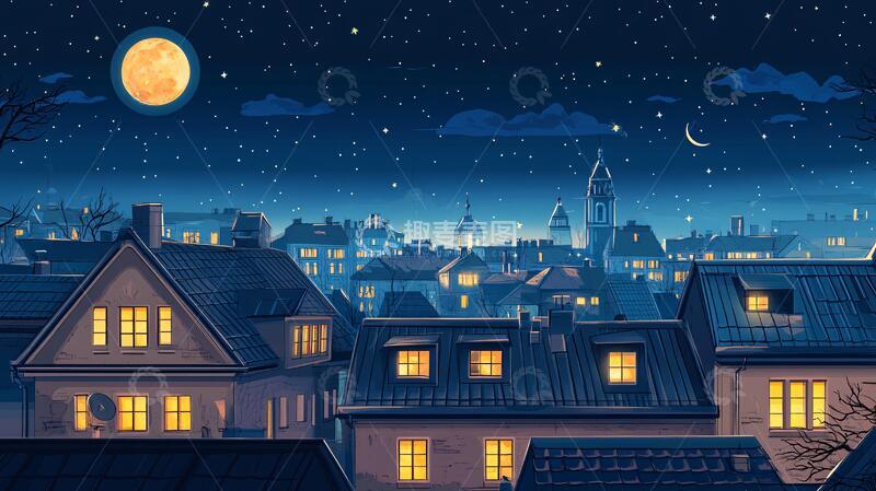 高清大图下载【趣麦麦图】夜景插画夜晚插画小镇