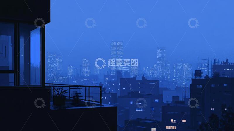 高清大图下载【趣麦麦图】蓝调全景图夜景建筑蓝色