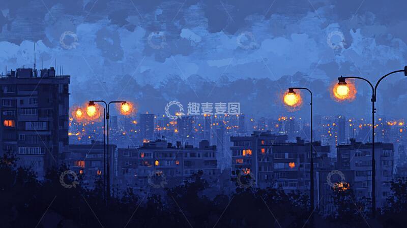 高清大图下载【趣麦麦图】日落街道插画