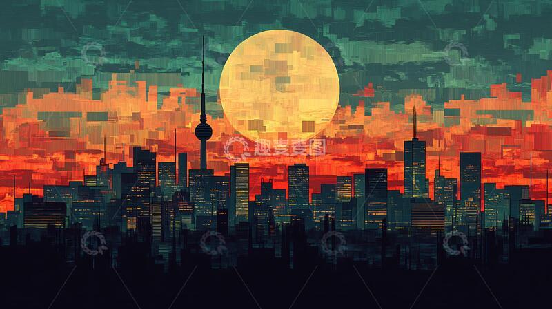 高清大图下载【趣麦麦图】月光下的城市插画1