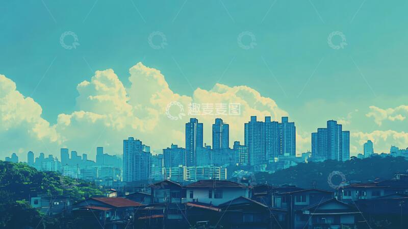 高清大图下载【趣麦麦图】橙青色调小城青色半城