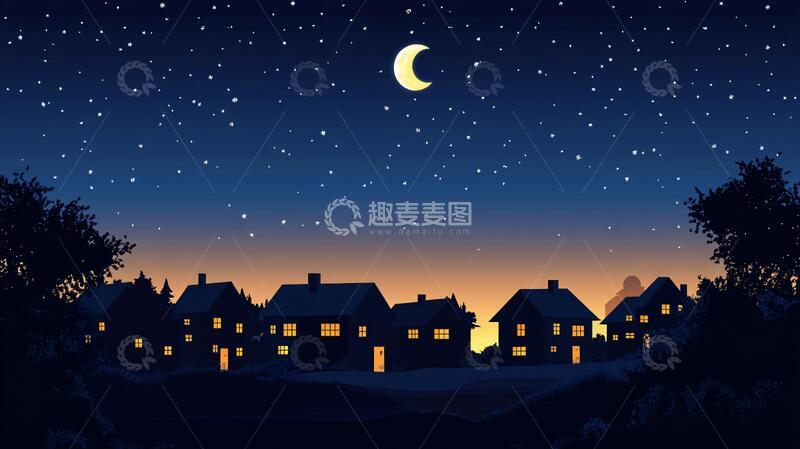 高清大图下载【趣麦麦图】小村庄宁静的夜晚