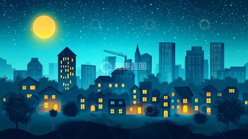 高清大图下载【趣麦麦图】夜晚小镇夜晚小镇城镇