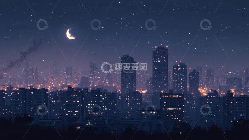 高清大图下载【趣麦麦图】月光下的城市插画3